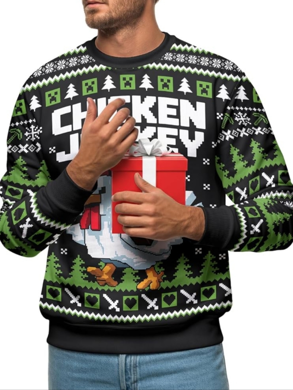 Minecraft Chicken Jockey Ugly Holiday Sweater Crew Neck Size Large